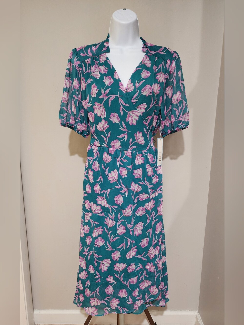NWT Draper James RSVP Teal Pink Tulip Floral Midi Wrap Dress Size M